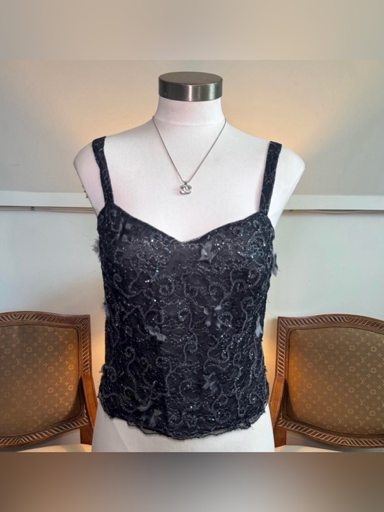 Albert Nipon Tops - Vintage 90s/y2k Black Lace Floral Fairy Beaded Embellished Top